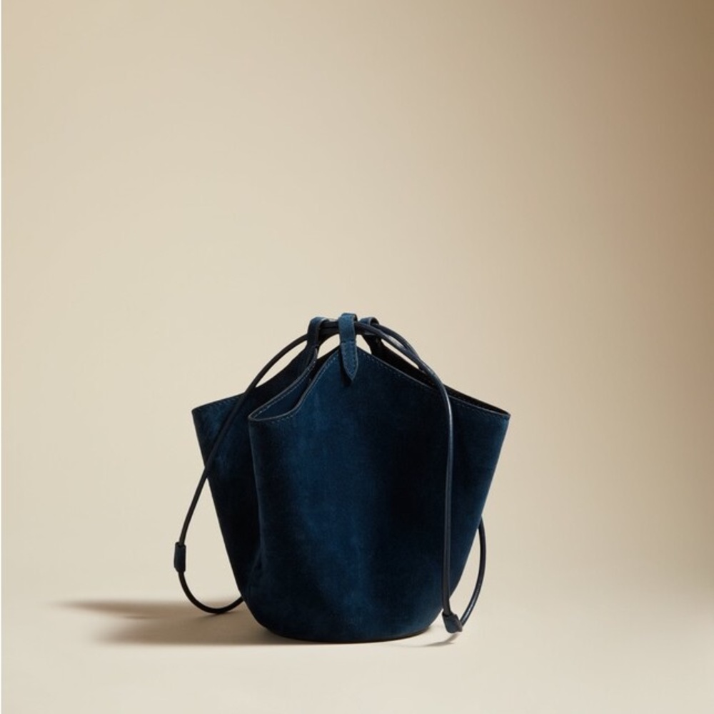 KHAITE The Mini Lotus Drawstring Bag in Midnight Suede